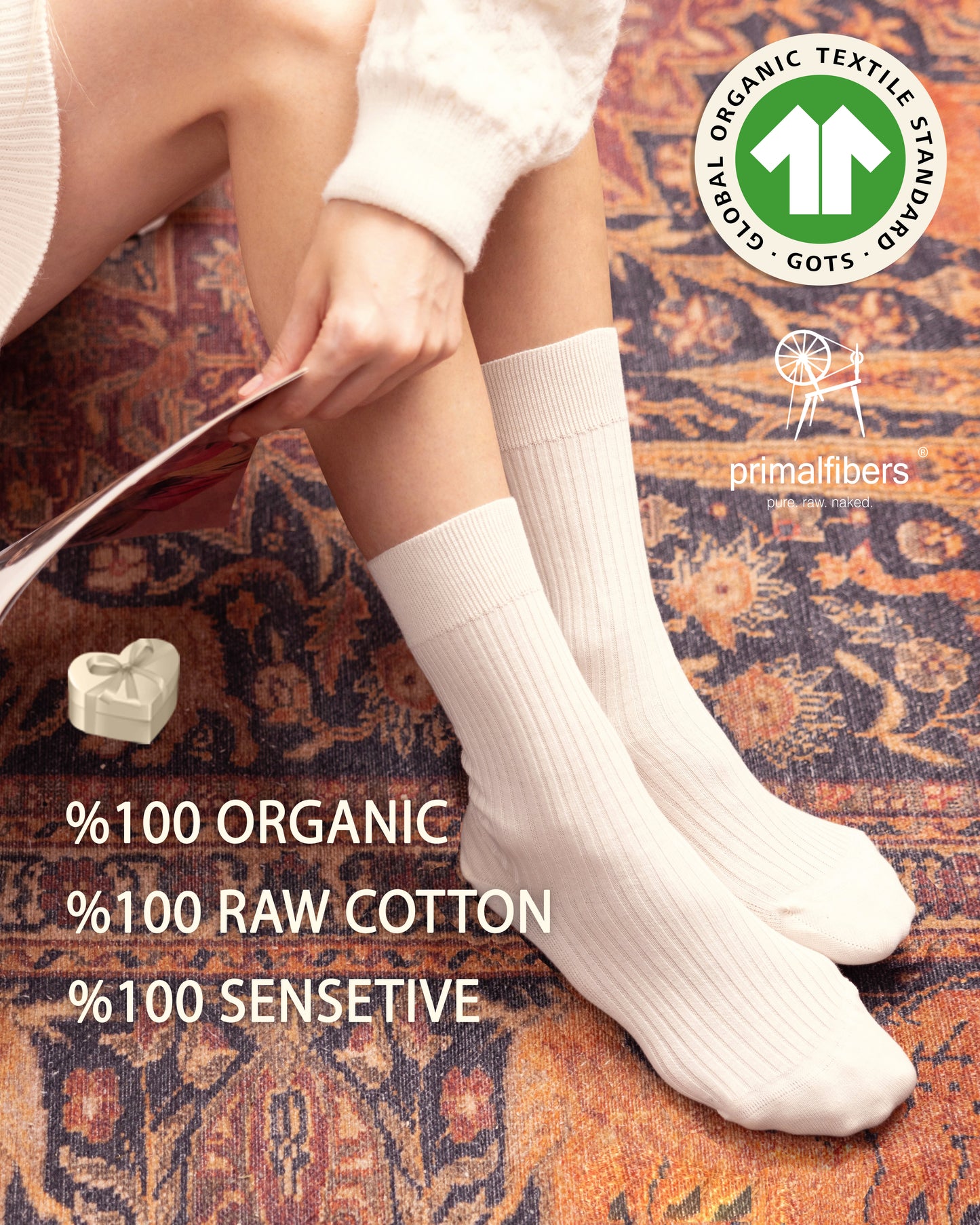 %100 Organic Raw Cotton Crew Socks Certified by GOTS