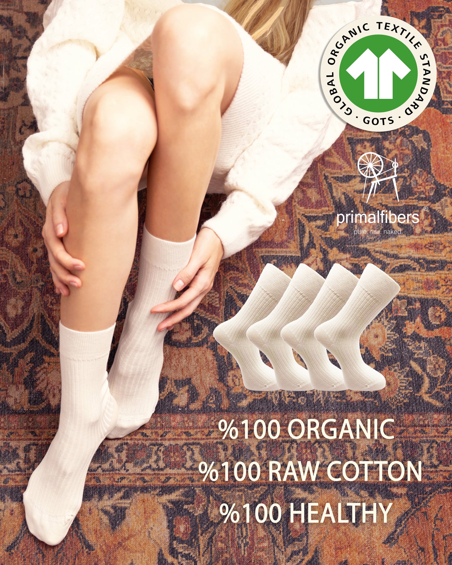 6 Pairs Set of %100 Organic Raw Cotton Crew Socks Certified by GOTS