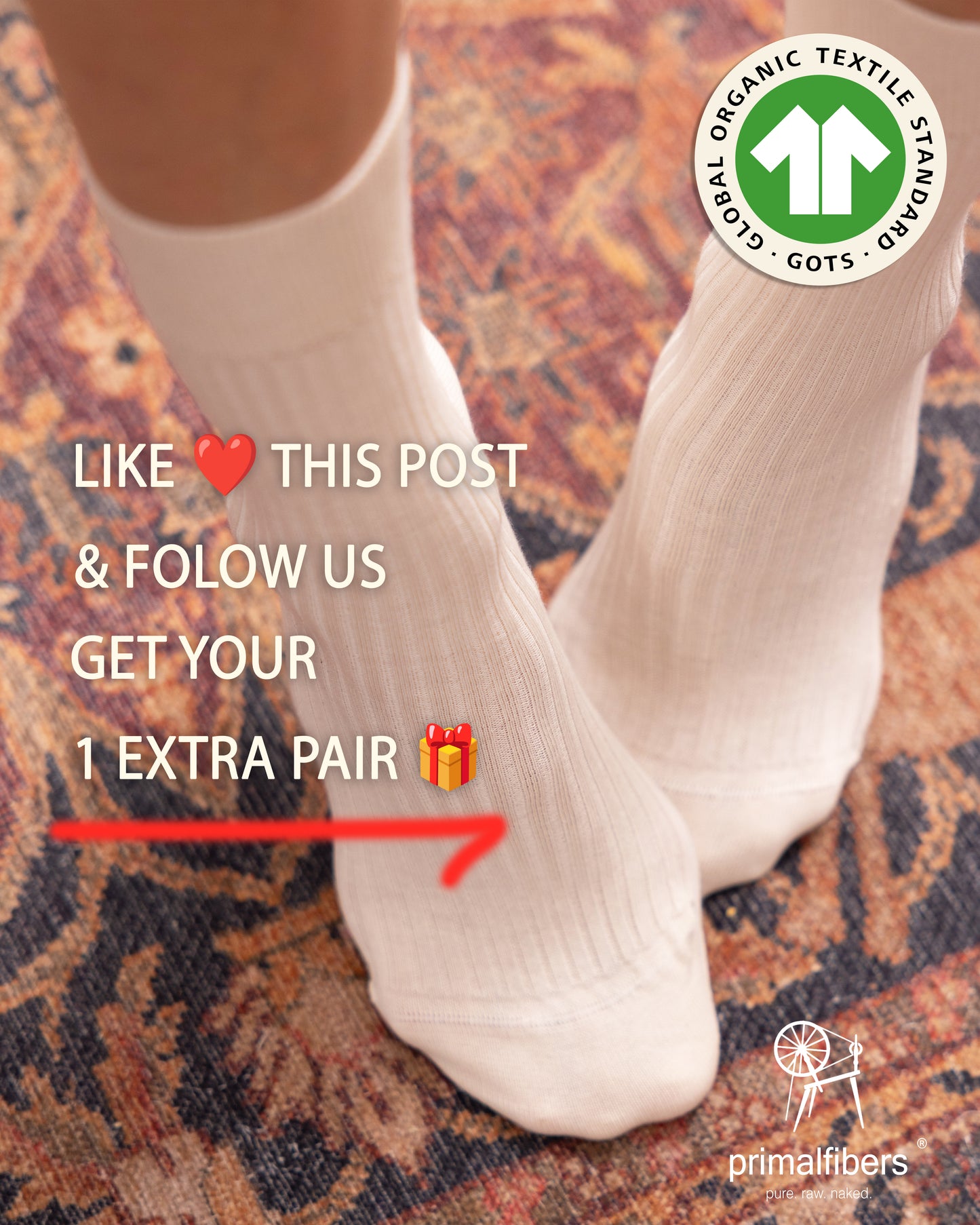 6 Pairs Set of %100 Organic Raw Cotton Crew Socks Certified by GOTS