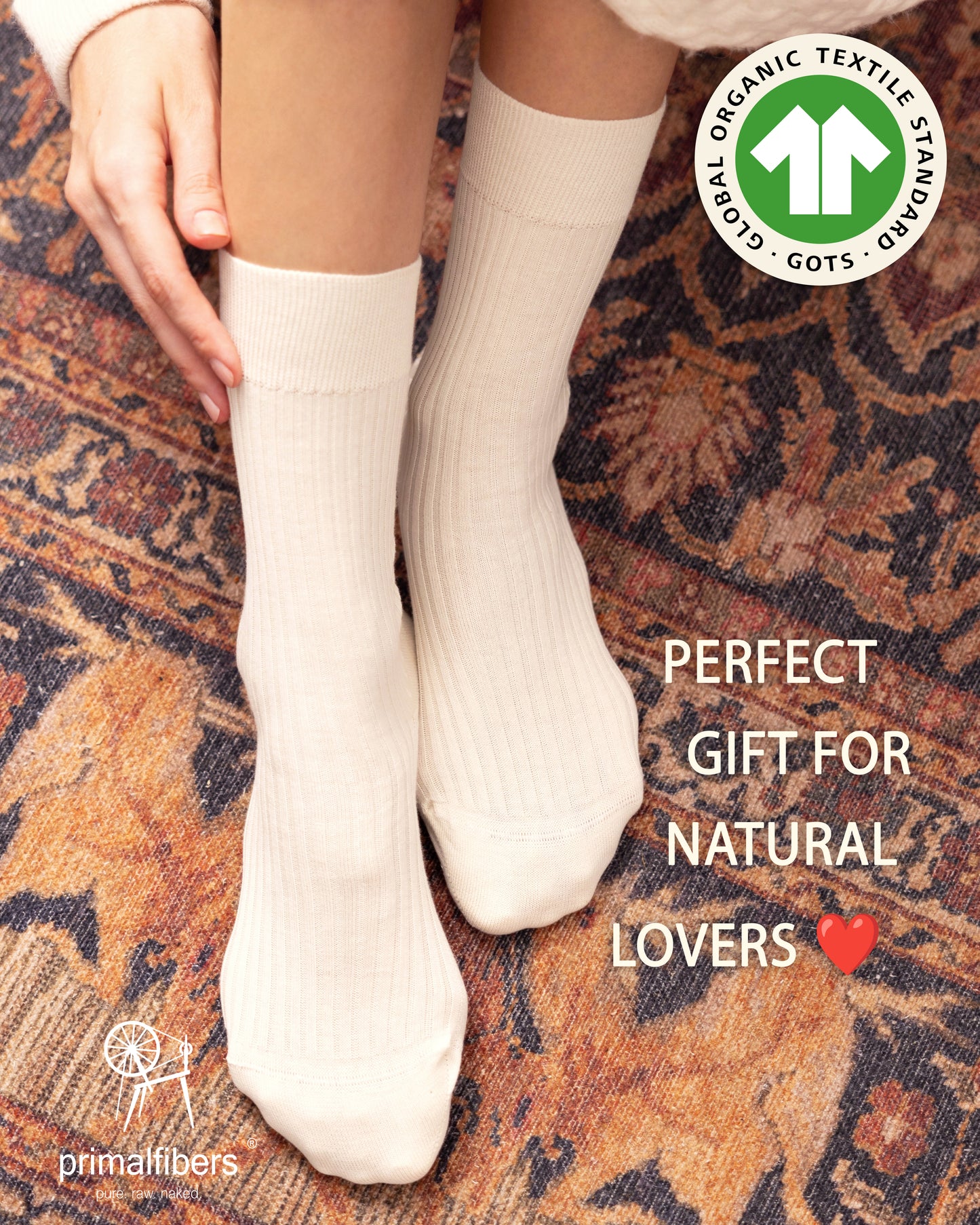 6 Pairs Set of %100 Organic Raw Cotton Crew Socks Certified by GOTS