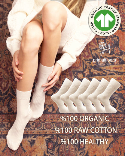 6 Pairs Set of %100 Organic Raw Cotton Crew Socks Certified by GOTS